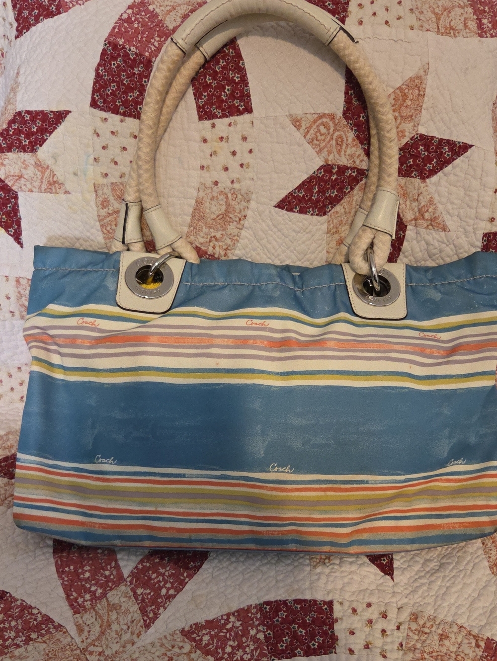 Coach Striped Blue Canvas Tote with Cream Handles - Picture 4 of 10